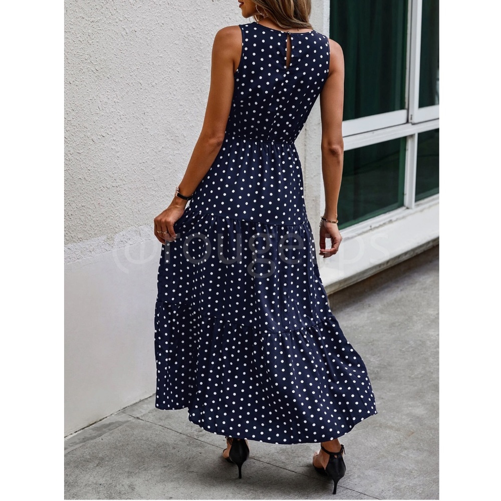 Polka Dot Navy Blue Maxi Dress Sleeveless Flared Long - Picture 3 of 6